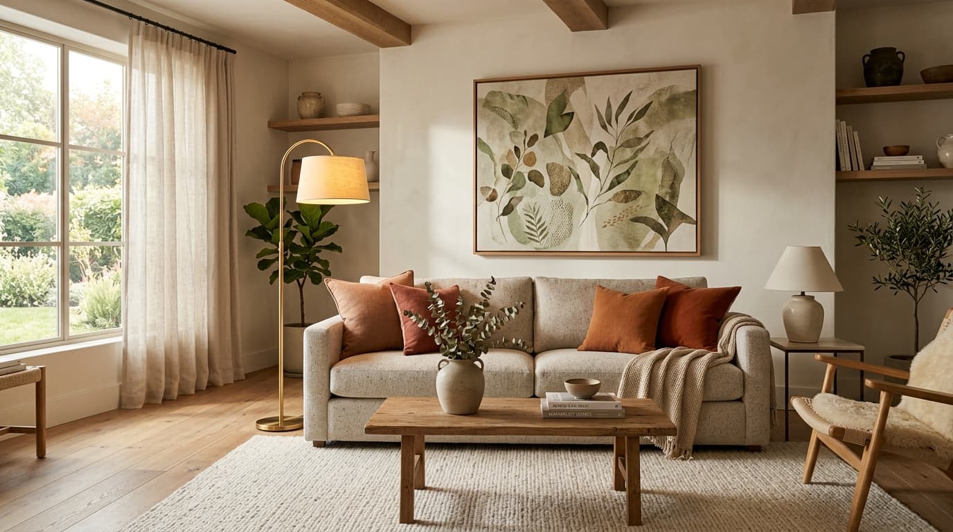 Curated contemporary warm living room interior design
