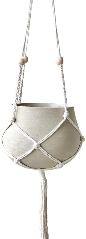Wavy Studio Macrame Ceramic Hanging Planter, Large Boho Hanging Plant Pot