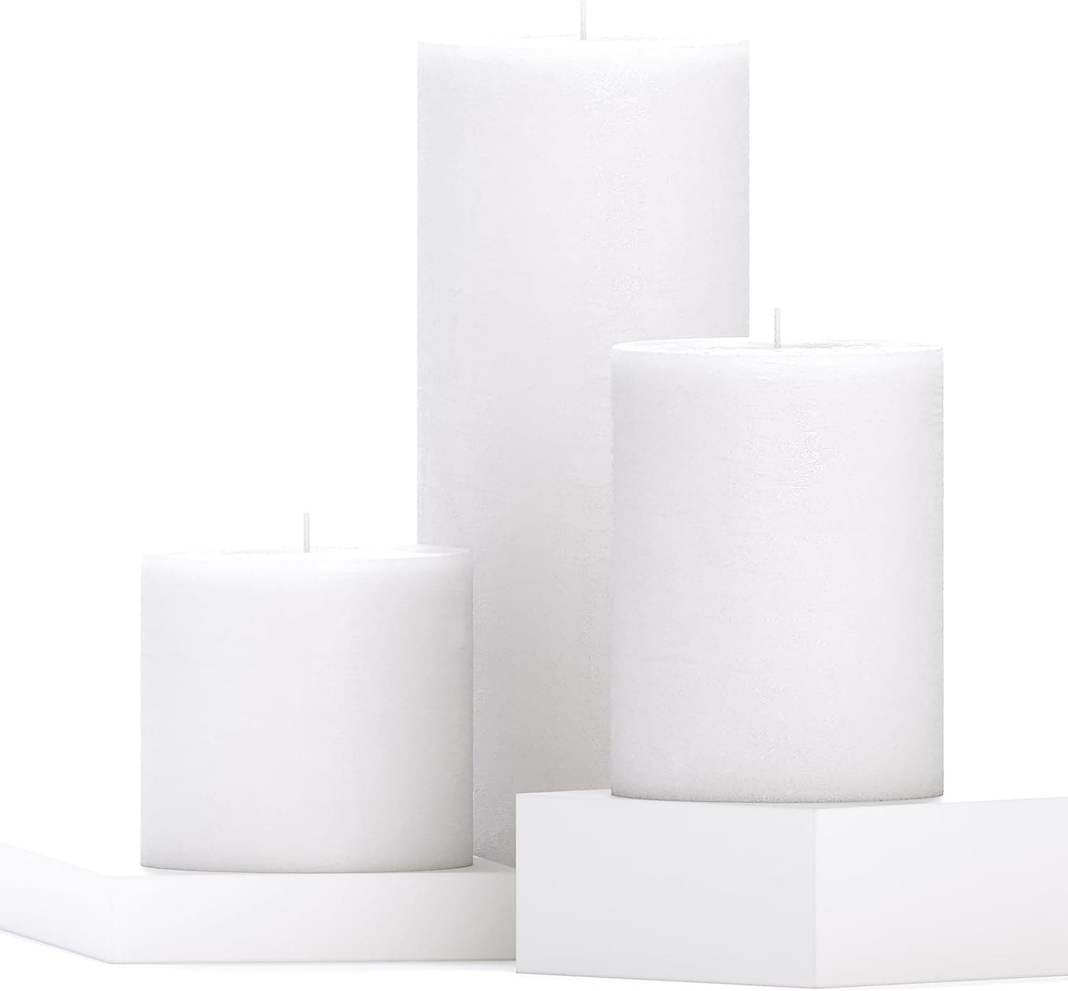 CANDWAX Assorted Pillar Candles Set of 3, Sizes 3", 4", 8", Unscented Dripless, Rustic Finish, White