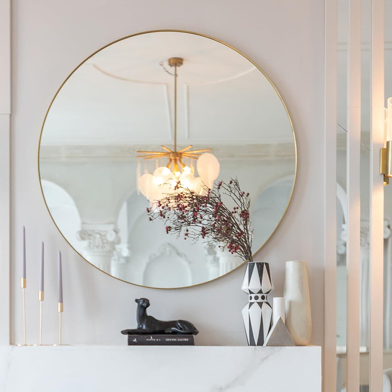 48 Inch Round Wall Mirror, Gold Metal Framed Circle Mirror, Modern HD Vanity Mirror
