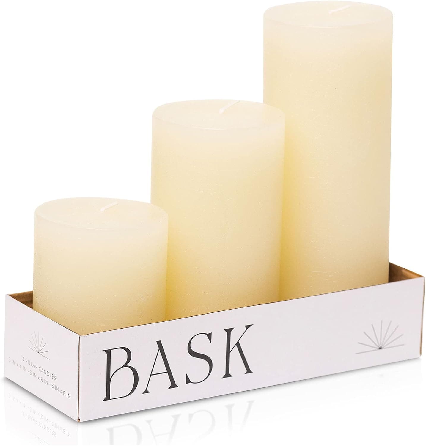 BASK Mottled Pillar Candles, Unscented Ivory, Set of 3, Dripless and Smokeless