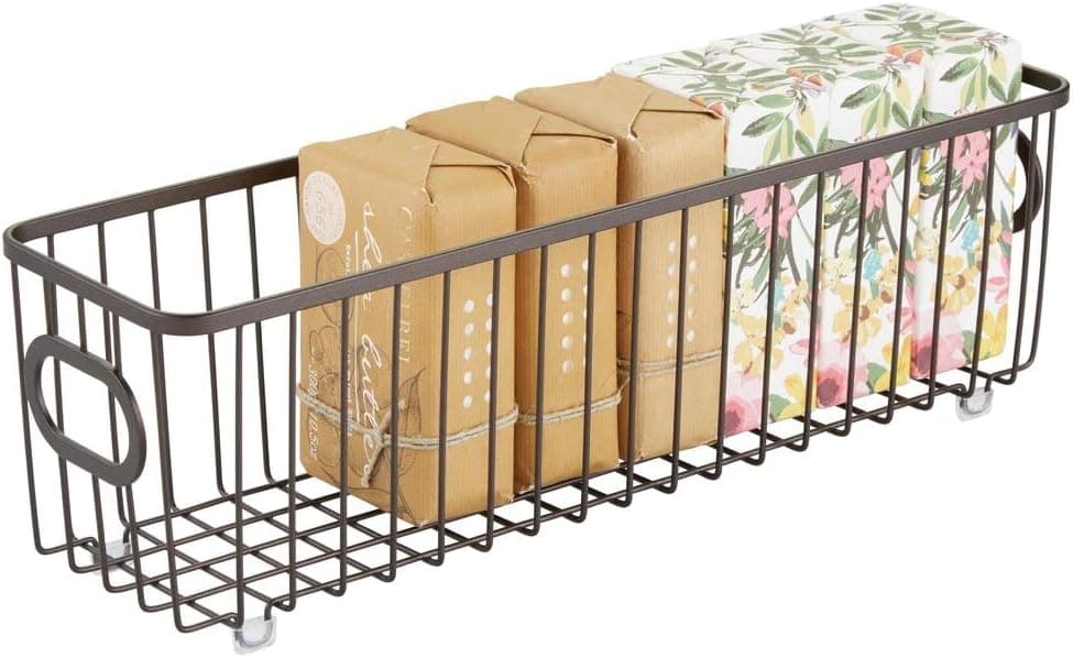 mDesign Metal Bathroom Storage Organizer Basket Bin, Farmhouse Wire Grid Design, Long, Bronze