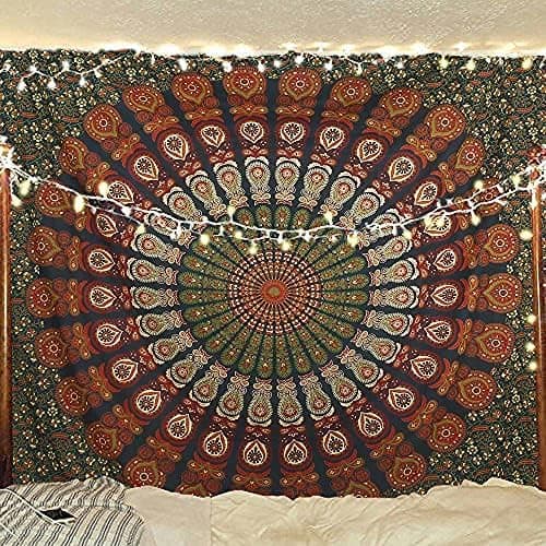 Bless International Organic Cotton Golden Green Handmade Mandala Tapestry, Queen 84x90" Indian Hippie Bohemian Wall Hanging