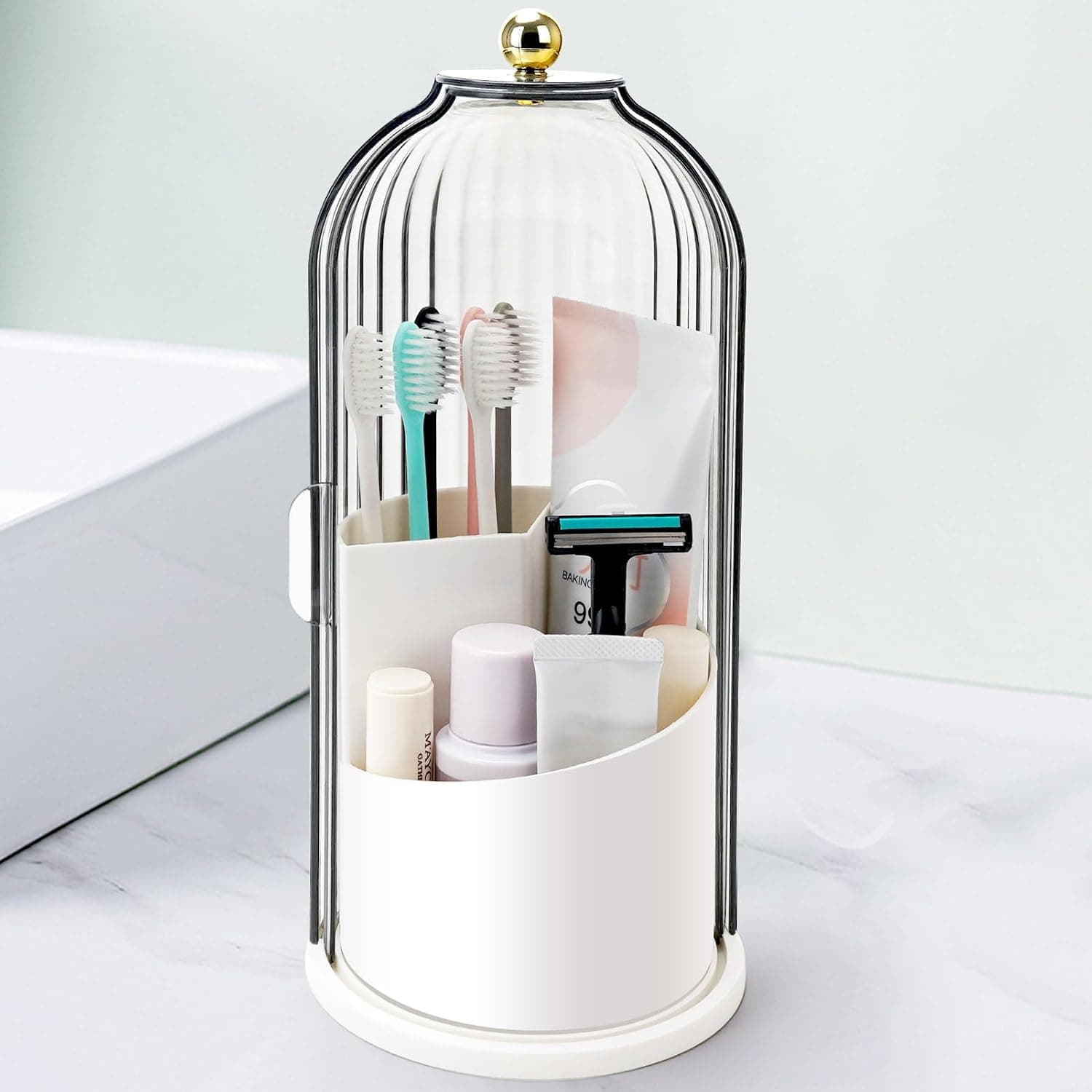 QIYVLOS Toothbrush Holder with Sliding Lid, Rotating 3 Slots Bathroom Organizer Countertop