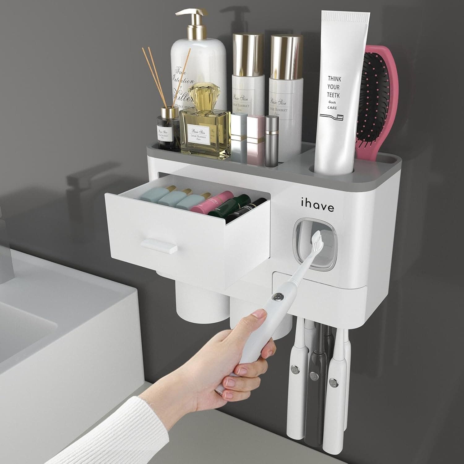 iHave Toothbrush Holders Wall Mounted with Toothpaste Dispenser, 2 Cups, No Drilling Required