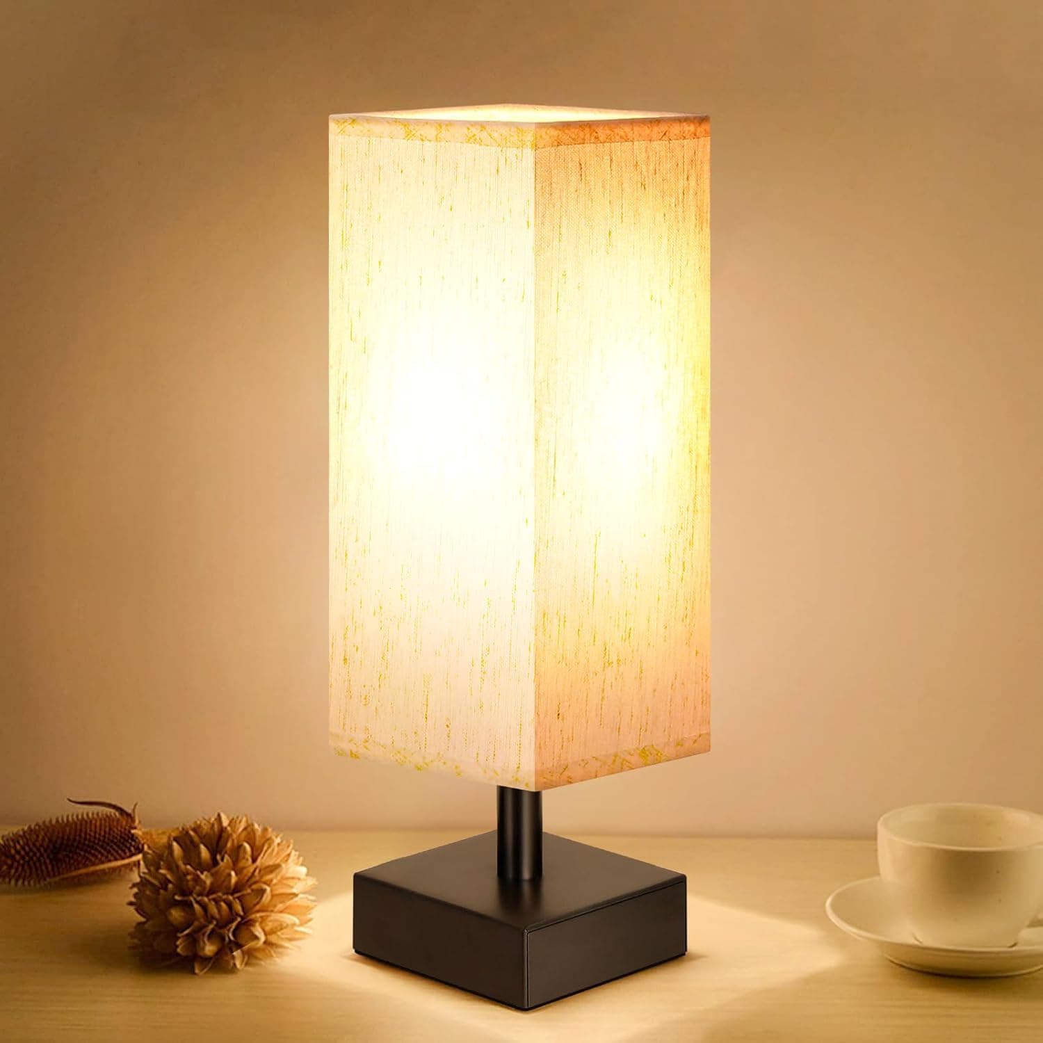 aooshine Small Bedside Table Lamp for Bedroom - Square Cream Fabric Shade, Inline Rocker Switch, 12.8" Mini Table Lamp for Nightstand