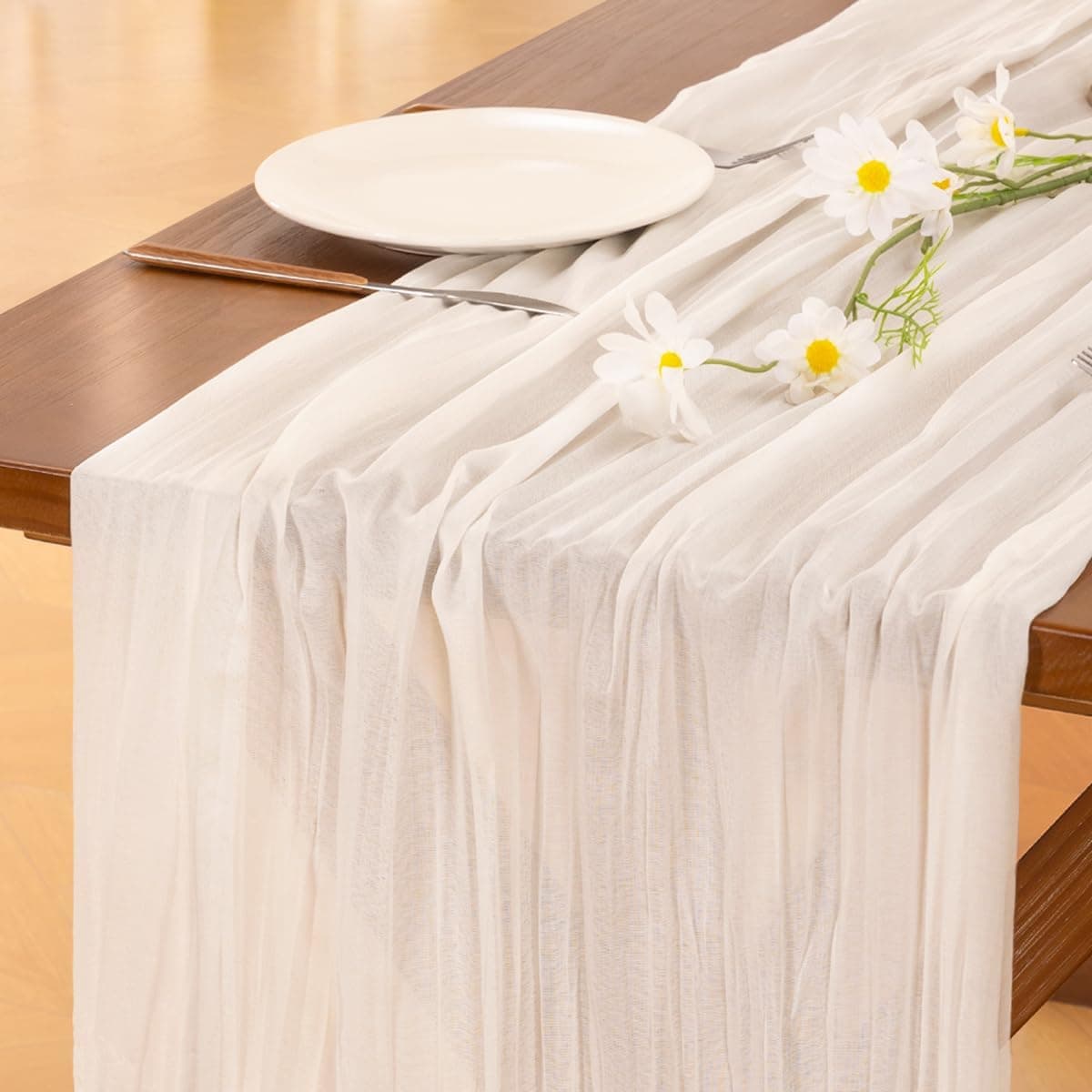 Socomi Ivory White Cheesecloth Table Runner, 120 inch 10FT Boho Rustic Gauze