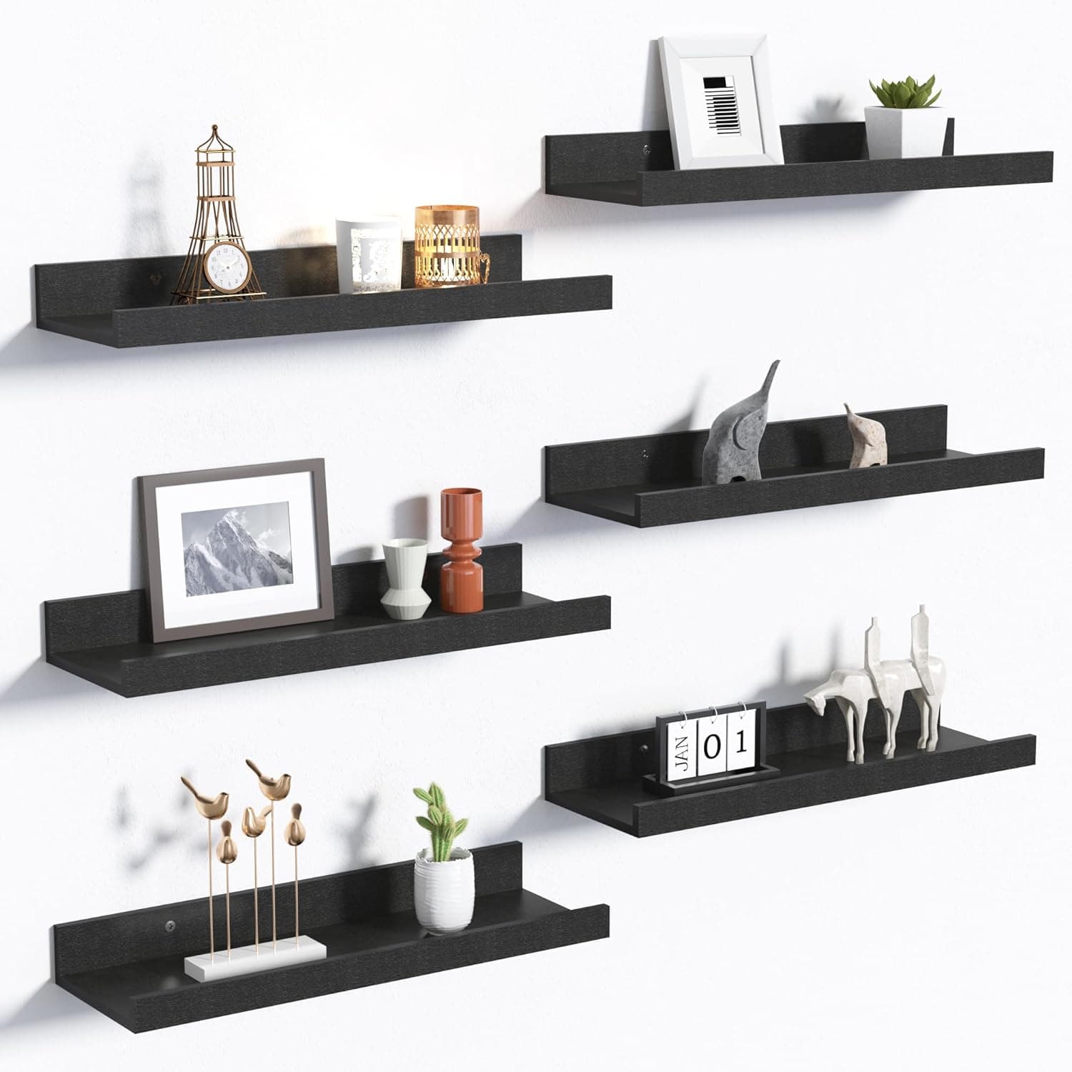 upsimples Floating Shelves for Wall Decor and Storage, Black, 6Pcs 15.7'' Wall Mounted Wood Shelves for Living Room, Bedroom, Kitchen