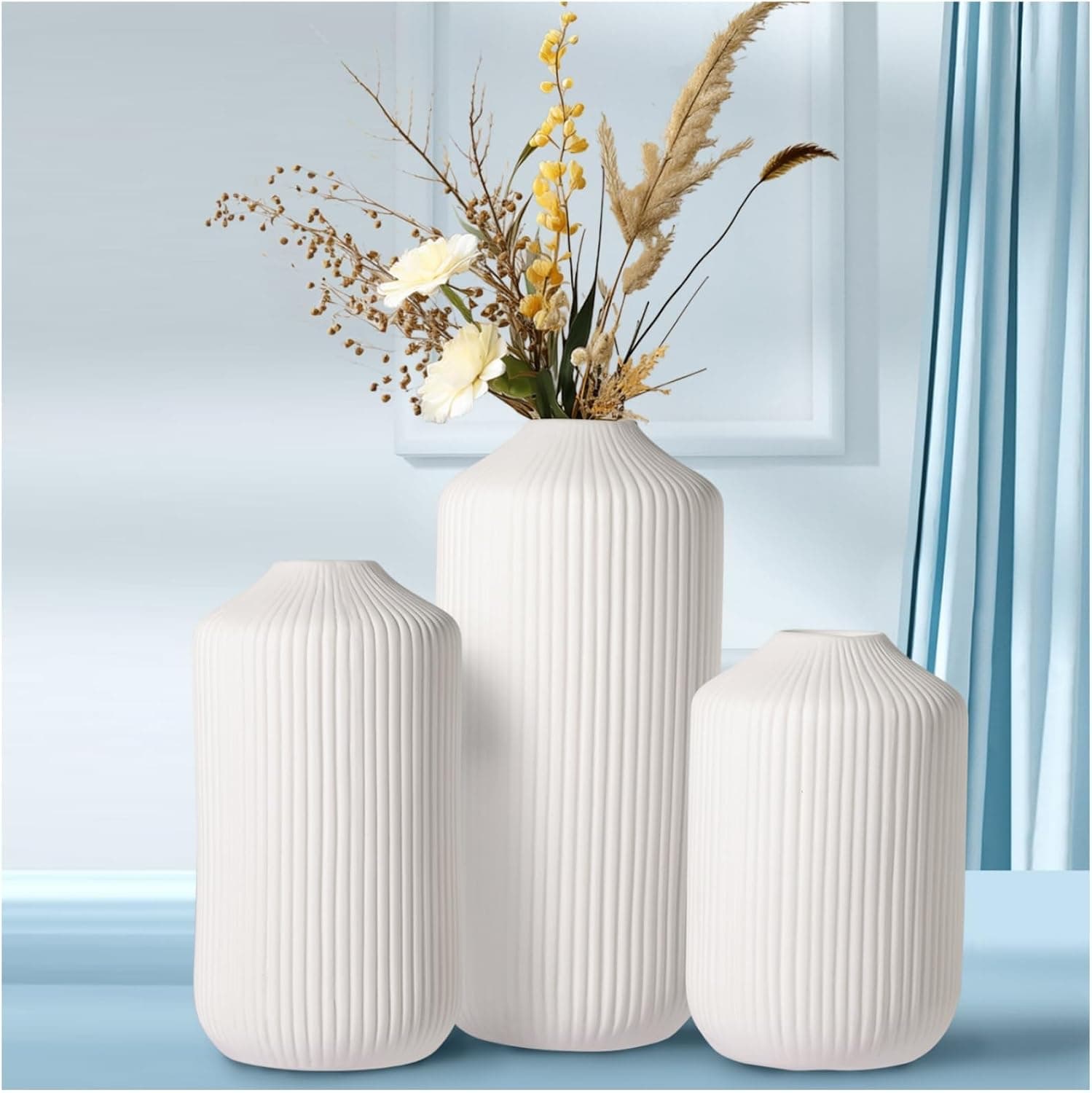 White Ceramic Vase Boho Round Modern Table Flowers Vases Set of 3