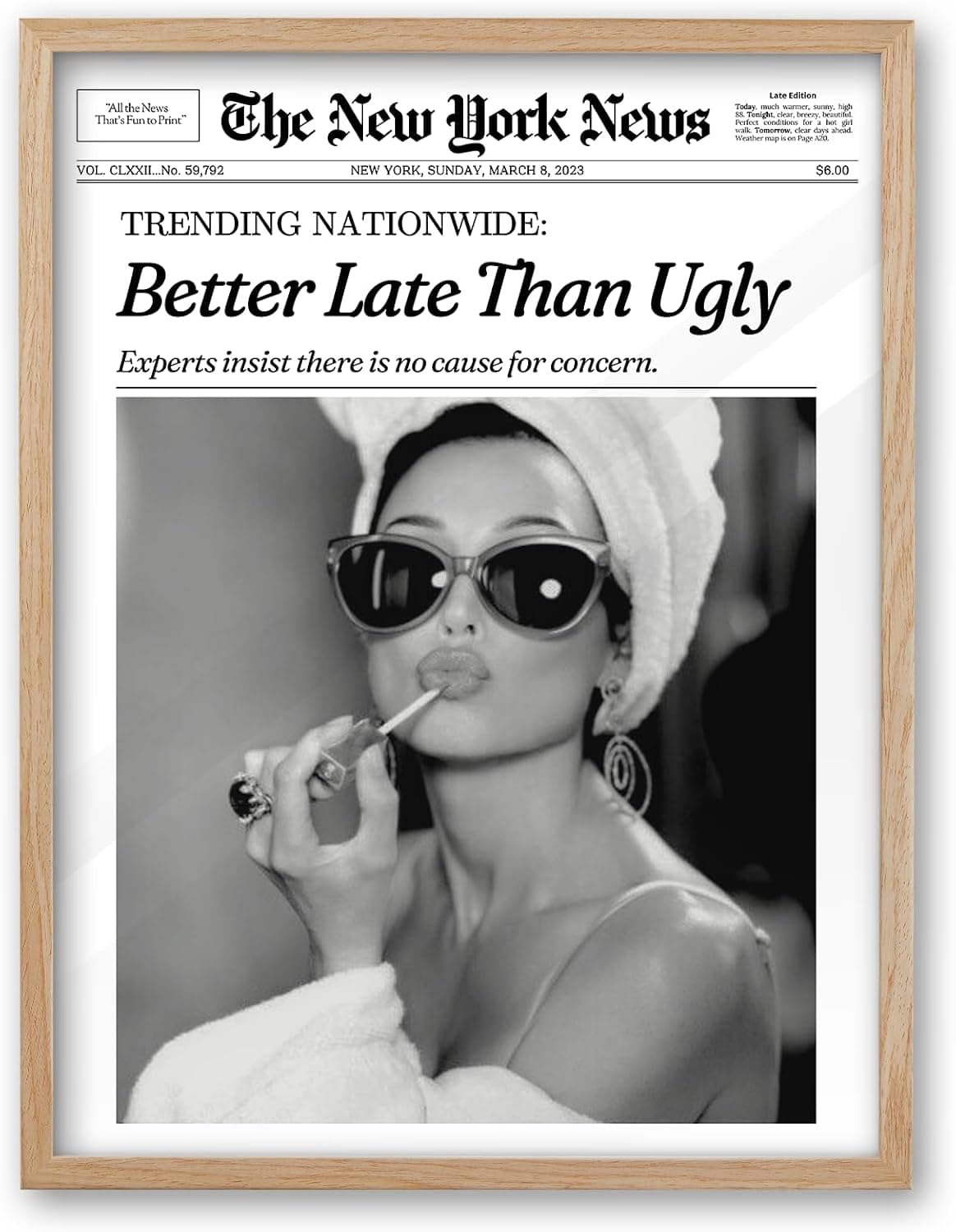 iHery 12x16in Audrey Hepburn Better Late Than Ugly Framed Bathroom Art, Natural Oak Wood Frame with Canvas Print, Vintage Fashion Wall Decor