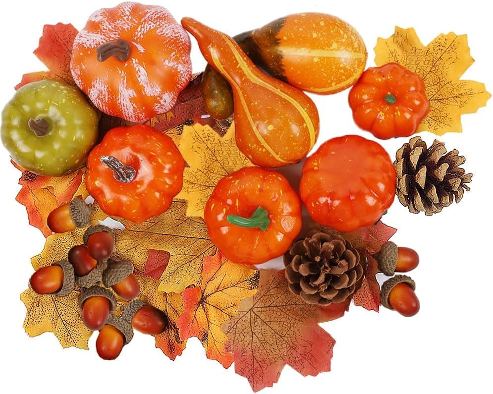 winemana Fall Decorations Mini Pumpkins Gourds & Leaves Set for Autumn Harvest Table Centerpieces