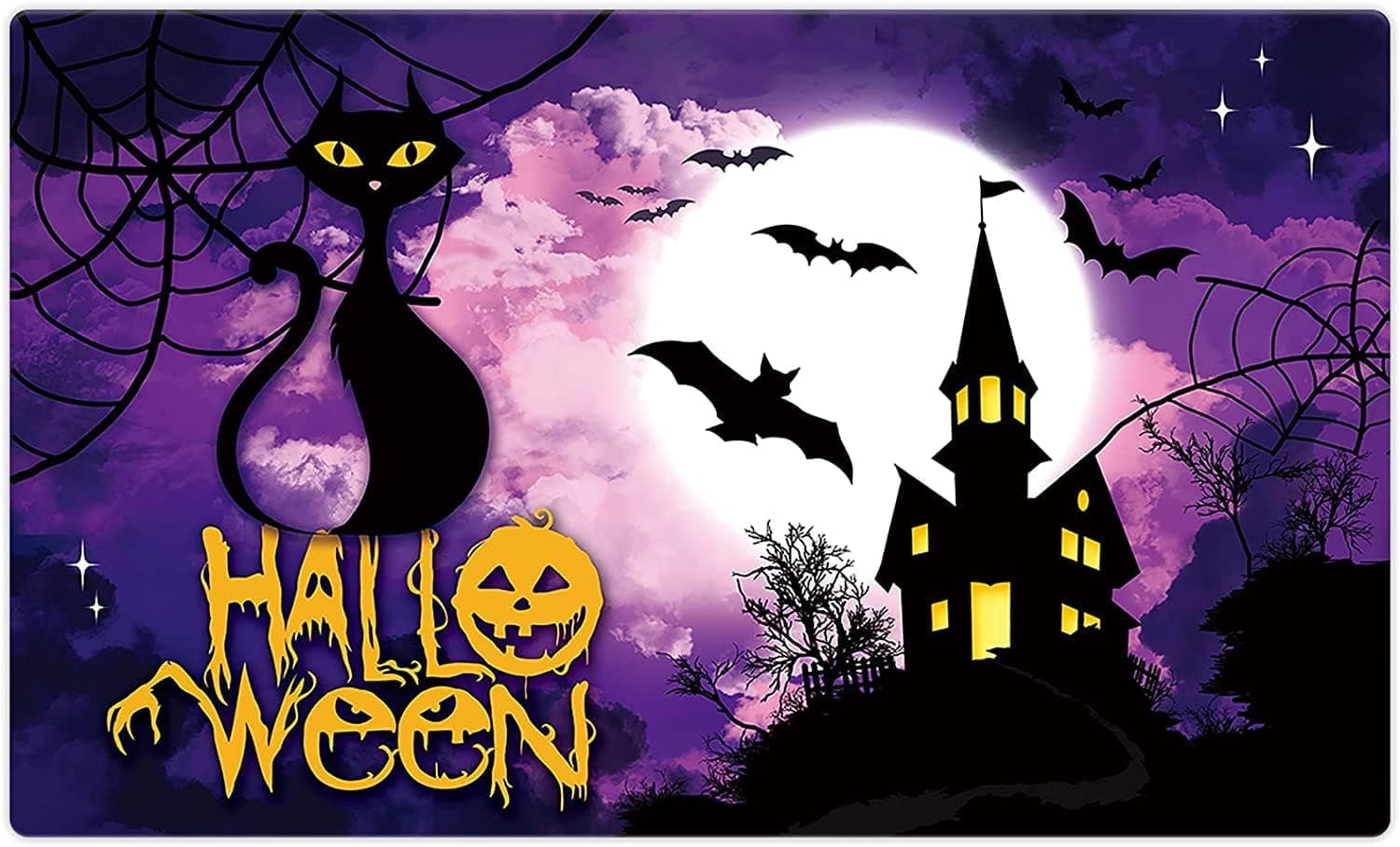 Halloween Doormat Non-Slip with Cat, Pumpkin, Spider, Bat and Haunted House Design