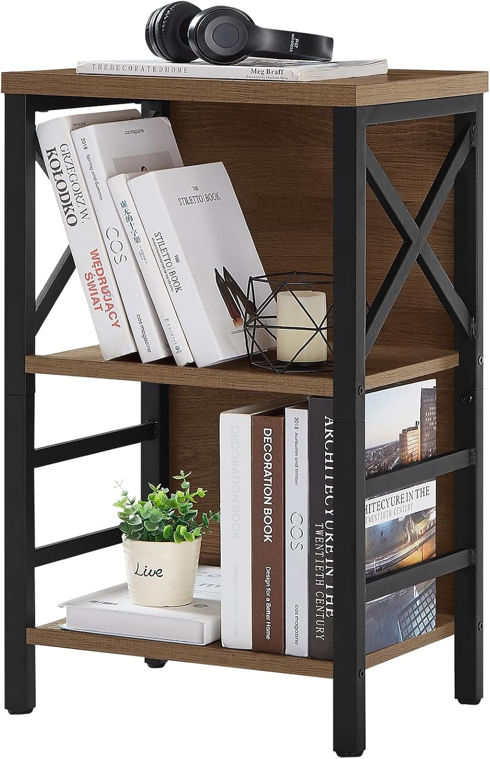Small Bookshelf, 3 Tier Industrial Shelf with Metal Frame