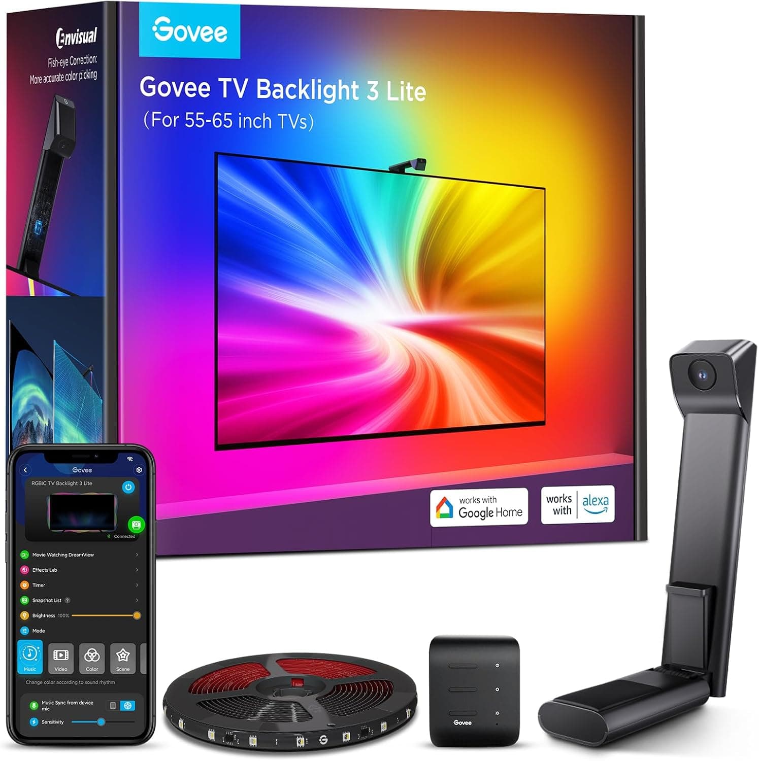Govee TV Backlight 3 Lite, 11.8ft LED Strip Lights Sync with 55-65 Inch TVs, Upgraded Camera with Fish-Eye Correction, RGBICW Screen Sync