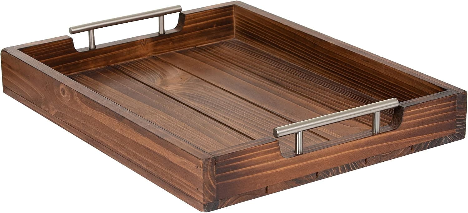 Wood Serving Tray with Silver Handles by Cozy Décor - Premium Decorative Trays for Coffee Table - Large Ottoman Tray for Living Room - Tv Trays for Breakfast in Bed - 17-Inch Wooden Tray for Ottoman