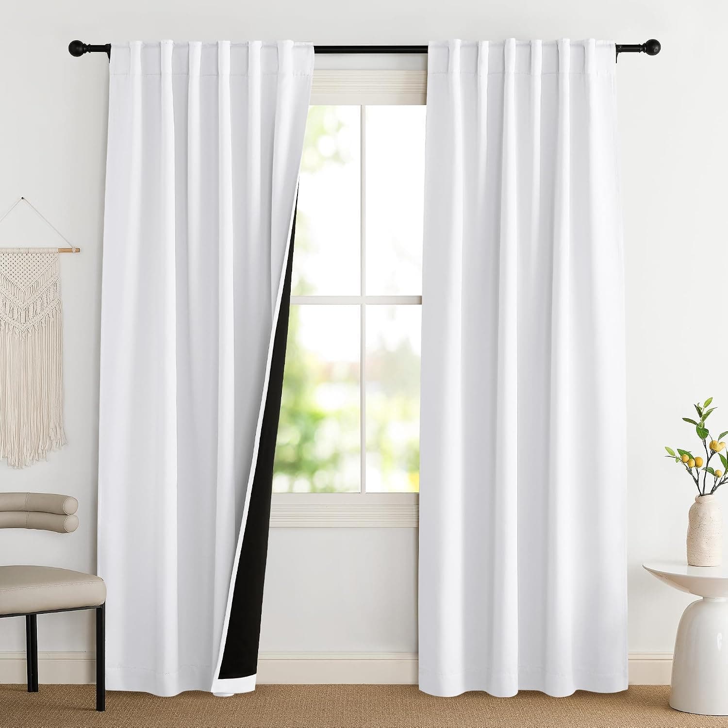 NICETOWN 100% Blackout Window Curtain Panels with Black Liner, 84" Drop, Pure White, 2 Pieces