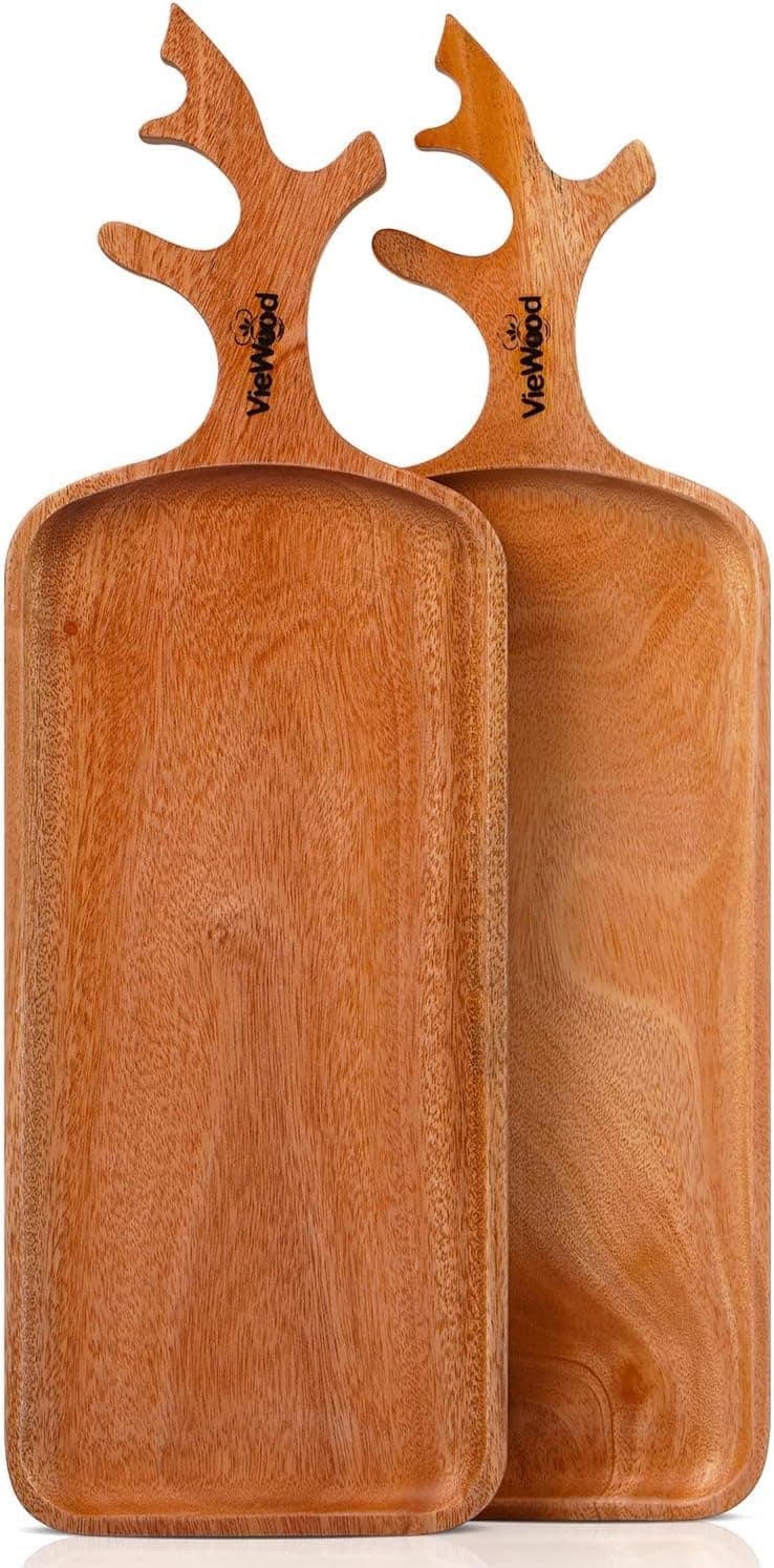 VieWood Wood Trays with Handle Set of 2 for Home Decor, Wood Serving Board for Fruits, Cupcakes and Decorative Coffee Tea Platters (17.3x5.7 in, Khaya)
