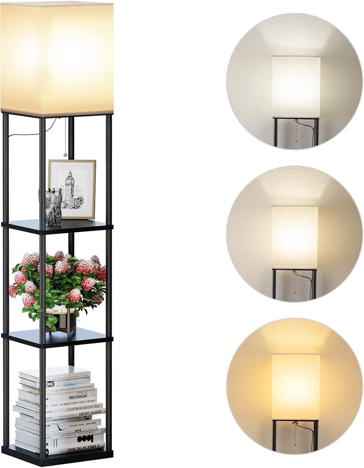 SUNMORY Floor Lamp with Shelves, Standing Lamps for Living Room, Black, 3 CCT LED Bulb Included, 4-Tier Display Bookshelf, 63" Tall