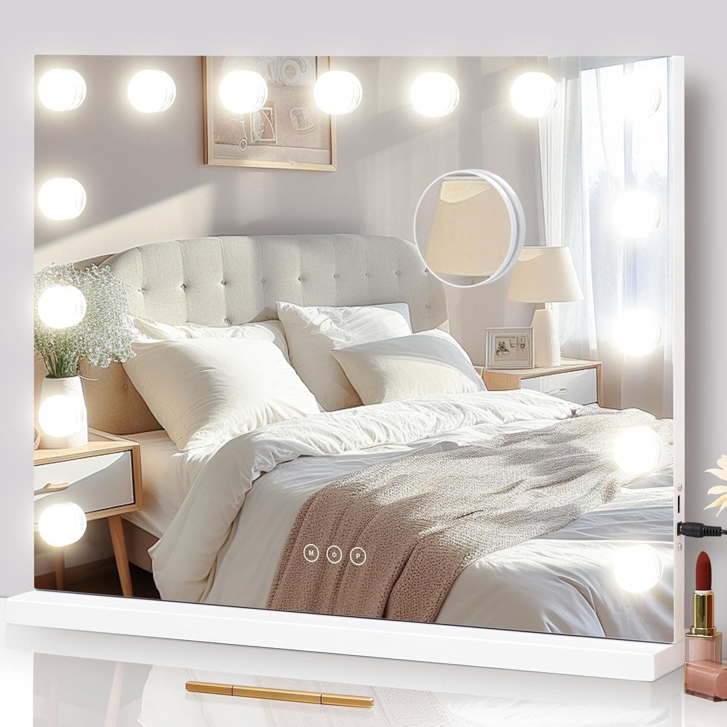 NUSVAN Vanity Mirror with Lights, 15 Dimmable LED Bulbs, 24x18 inch, White