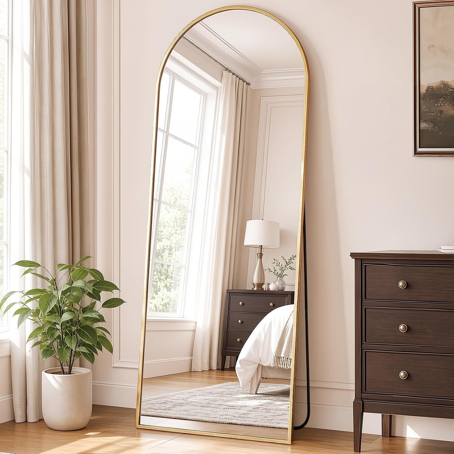 DUMOS 64"x21" Arched Full Length Floor Mirror, Shatterproof Tempered Glass, Gold