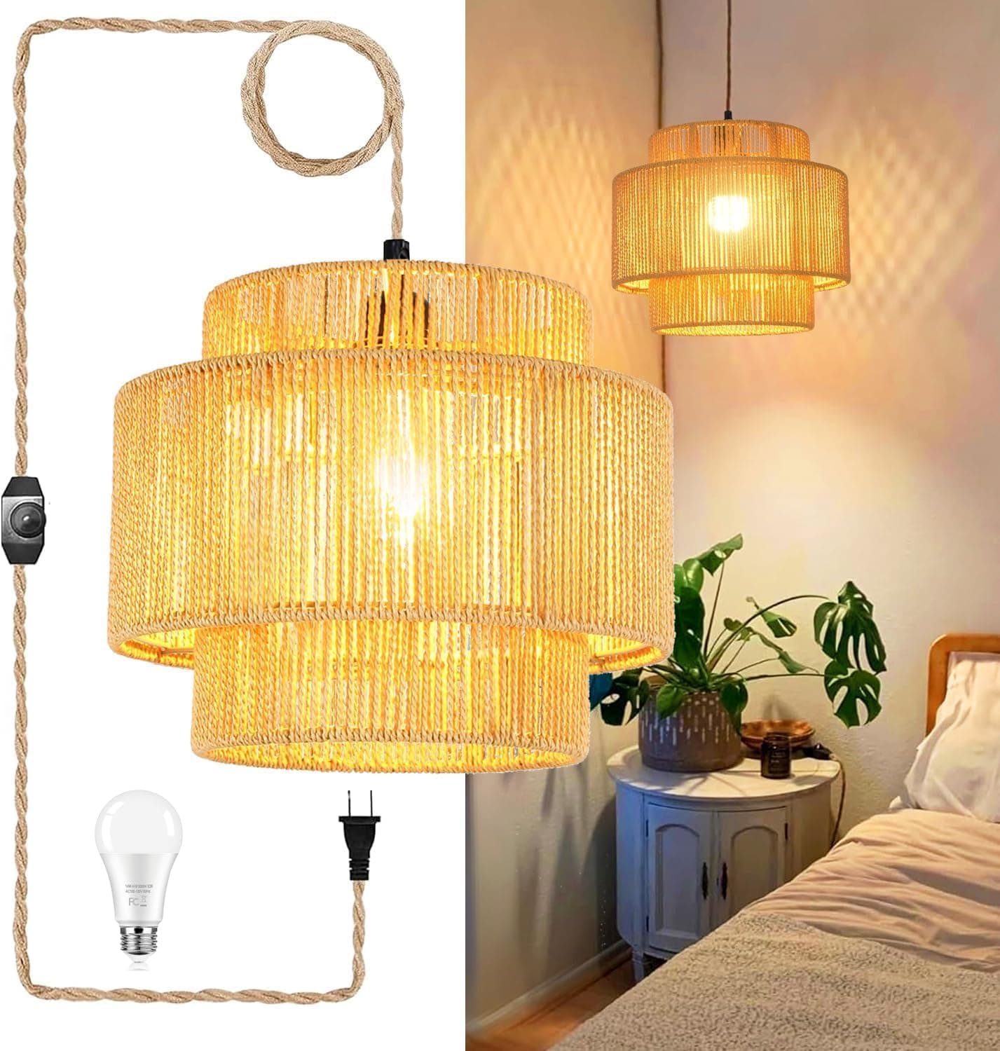 QIYIZM Plug in Pendant Light Hanging Lights with Plug in Cord, Boho Hanging Lamp Dimmable, Rattan Wicker Woven Bamboo Lamp Shade