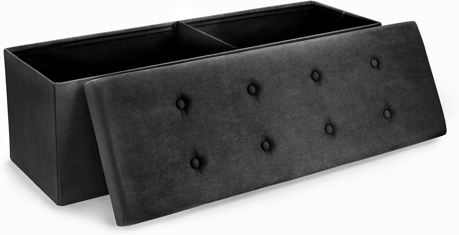 Storage Ottoman Bench, Tufted Velvet Linen