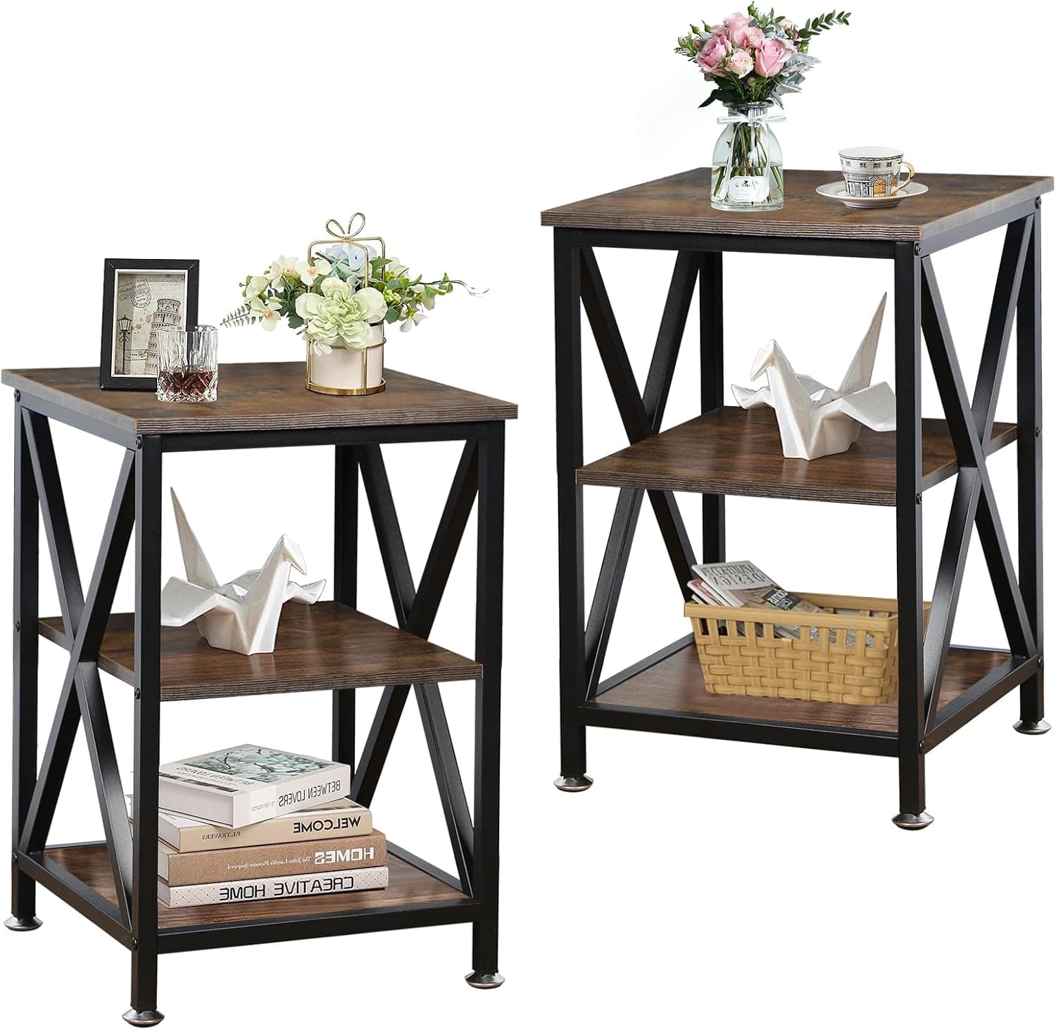 Farmhouse End Tables with Storage Shelf, Set of 2
