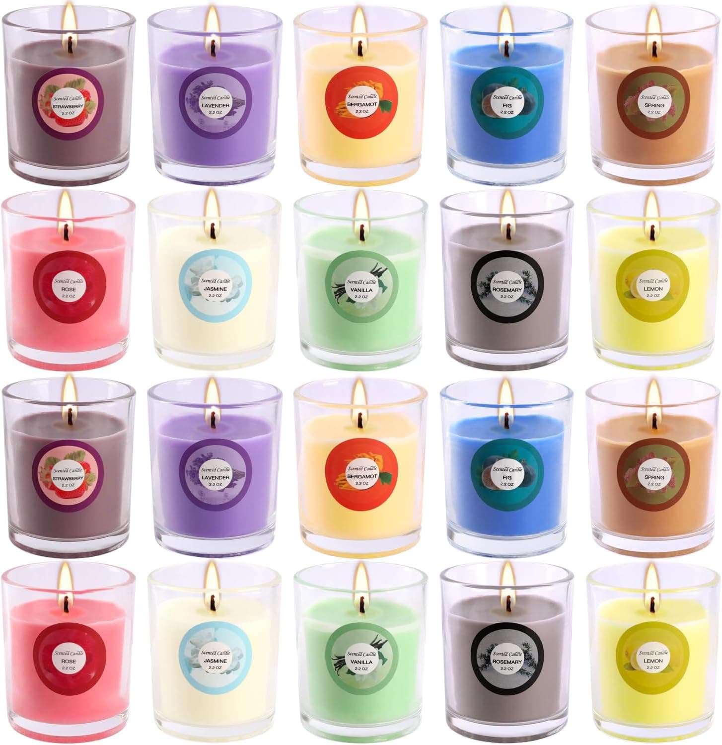 WREXCS Scented Candles with 10 Fragrances Gift Set, 2.2oz Aromatherapy Soy Wax Glass Jar Candles, 20 Pack