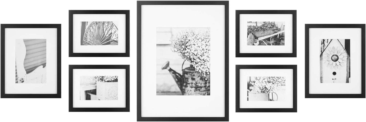 Gallery Perfect Multi-Size Picture Frame Set, 7 Pack, Black with Clear Glass
