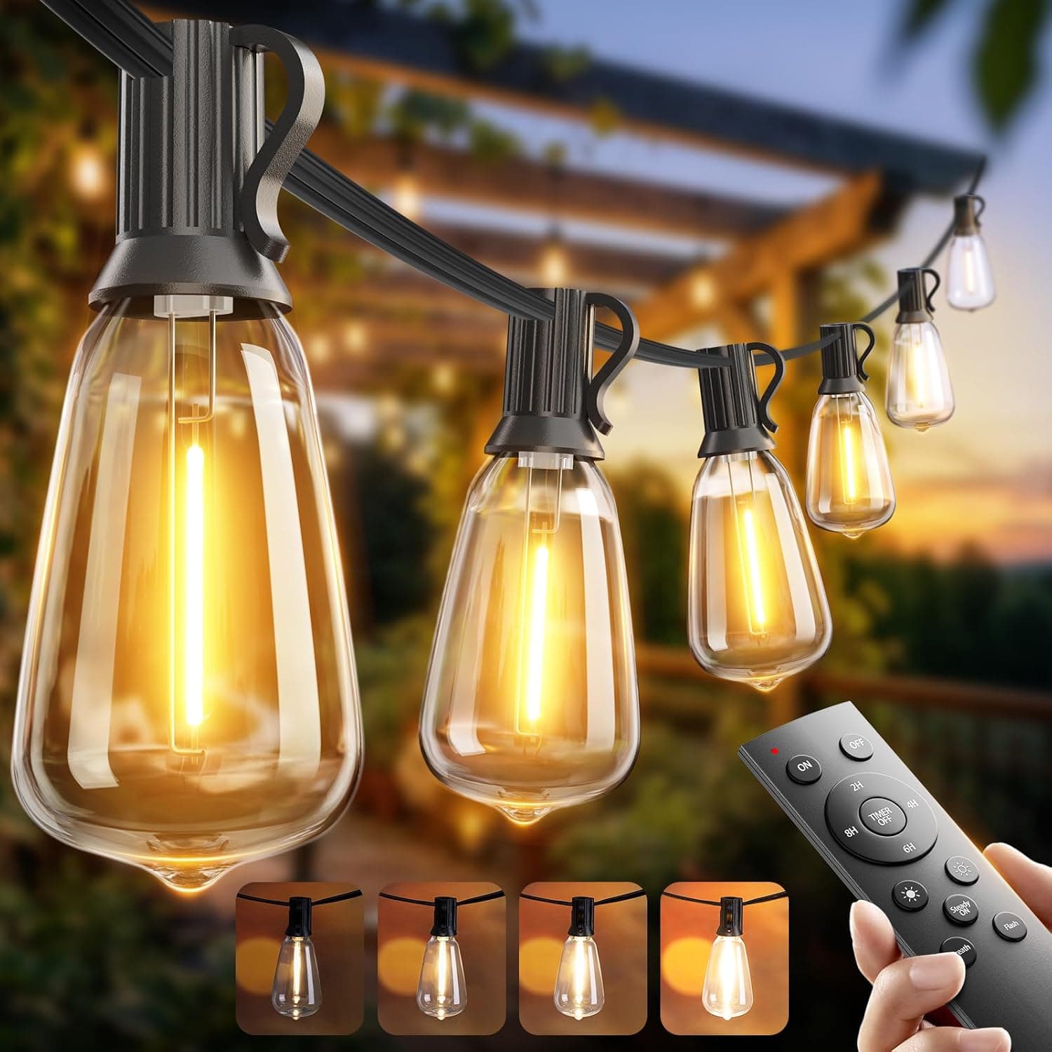 addlon 100FT Outdoor String Lights ST38 LED with Remote Waterproof Dimmable | Shatterproof Replaceable Bulbs, Connectable Hanging Strand for Porch Backyard Patio Garden Deck Outside, Timer, 3 Modes
