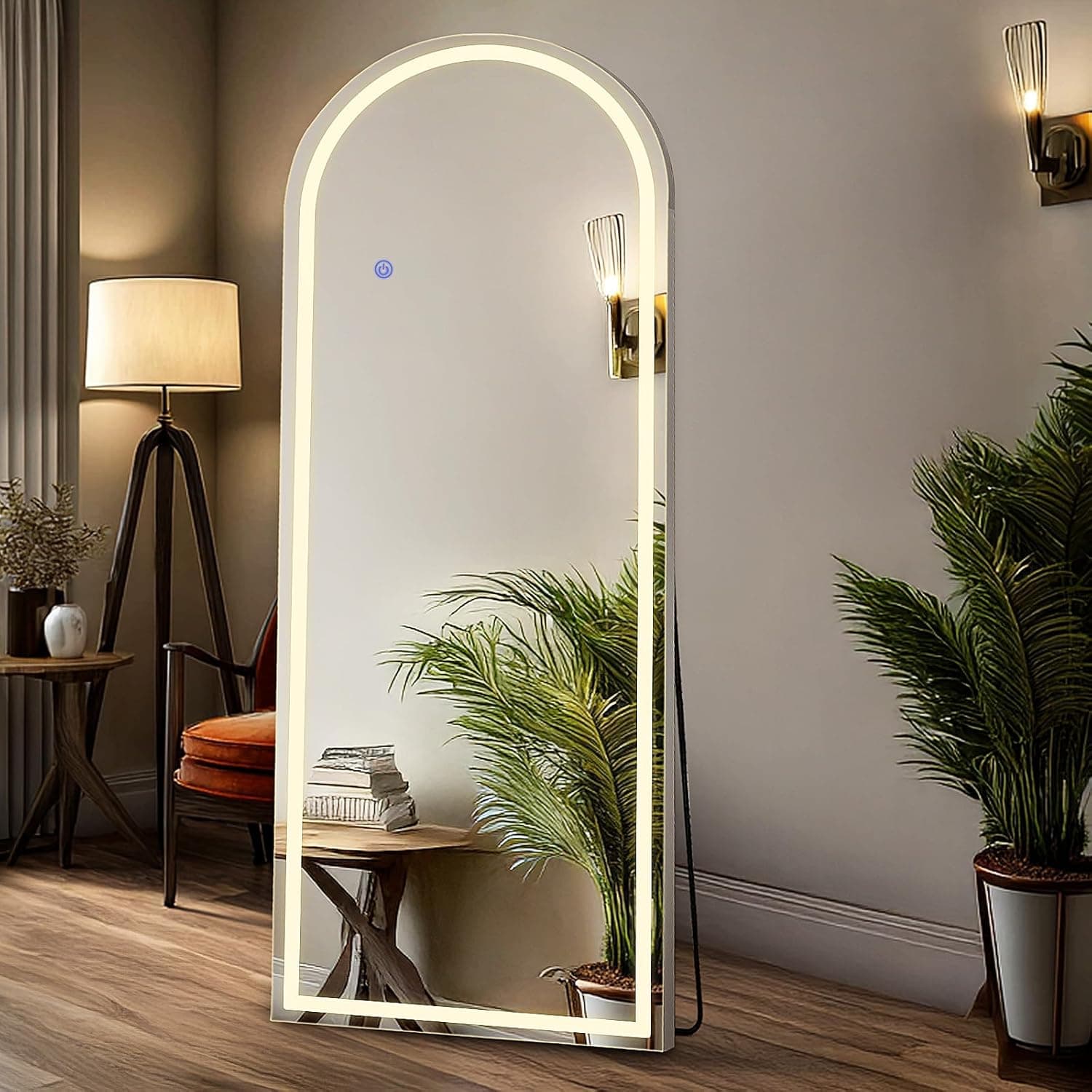 DUMOS Arched LED Full Length Floor Mirror, 63"x20", 3 Color Lighting, White