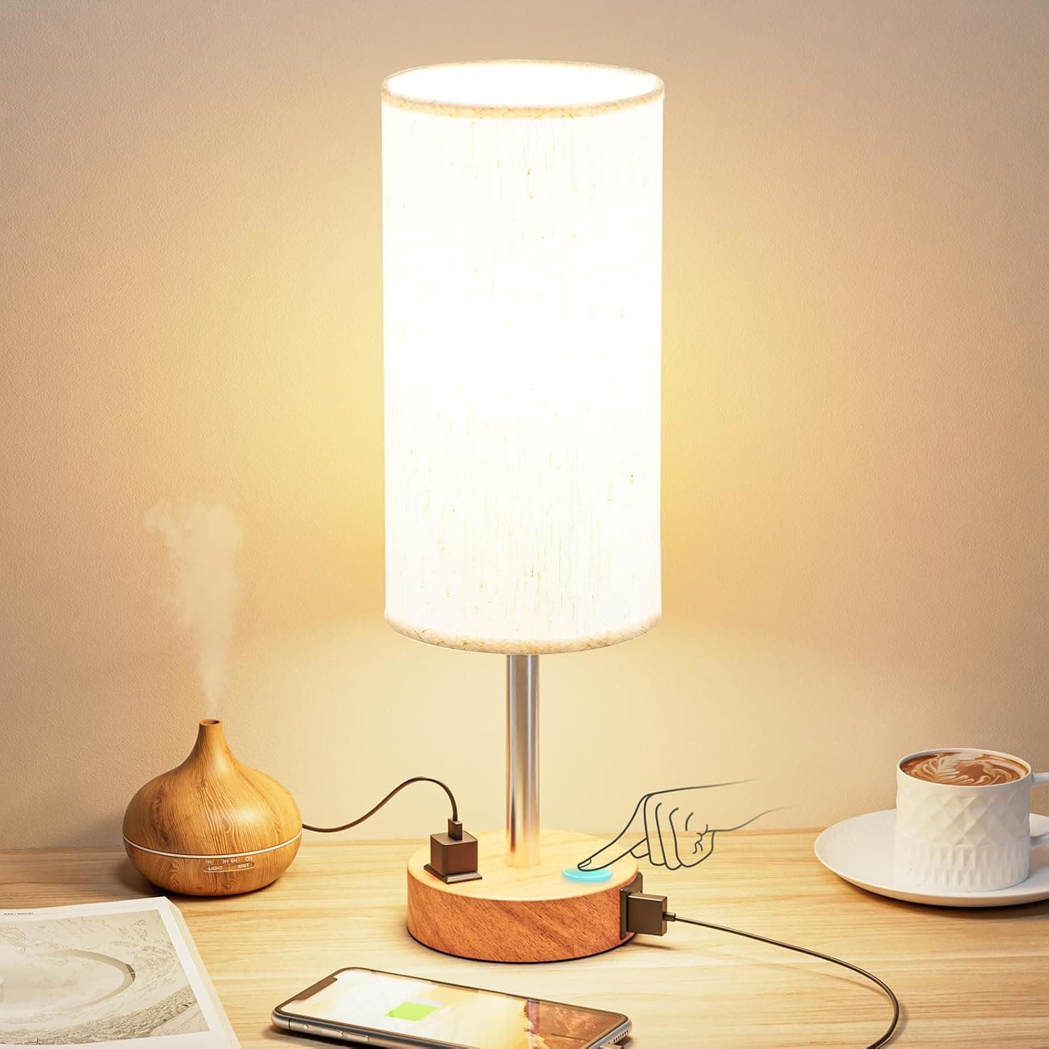Fenmzee Bedside Table Lamp for Bedroom - Dimmable Touch, USB A+C, AC Outlet, 3-Way Dimmable, LED Bulb Included, 14" Nightstand Lamp