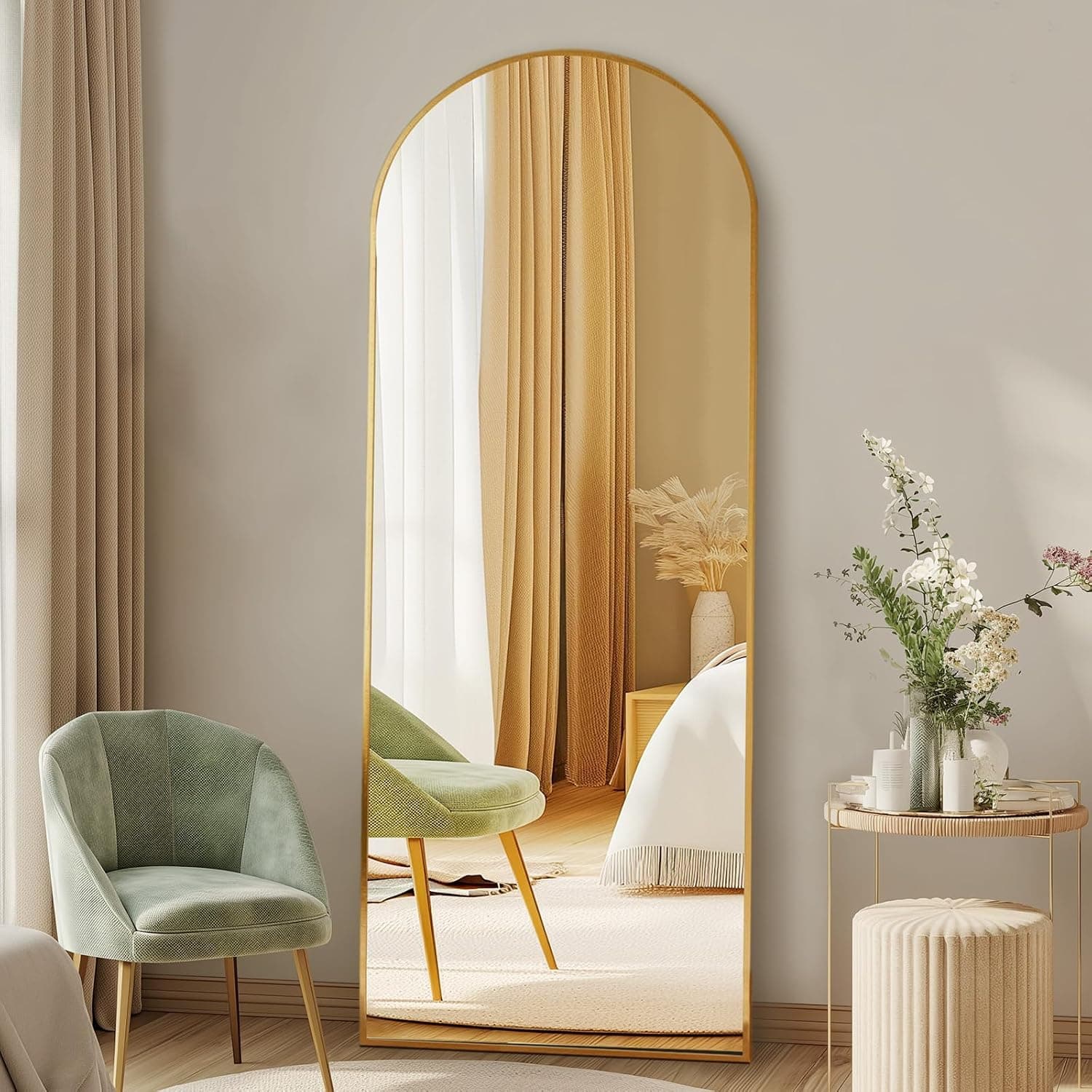 DUMOS 56"x15" Arched Full Length Mirror with Stand, Nano Glass, Gold