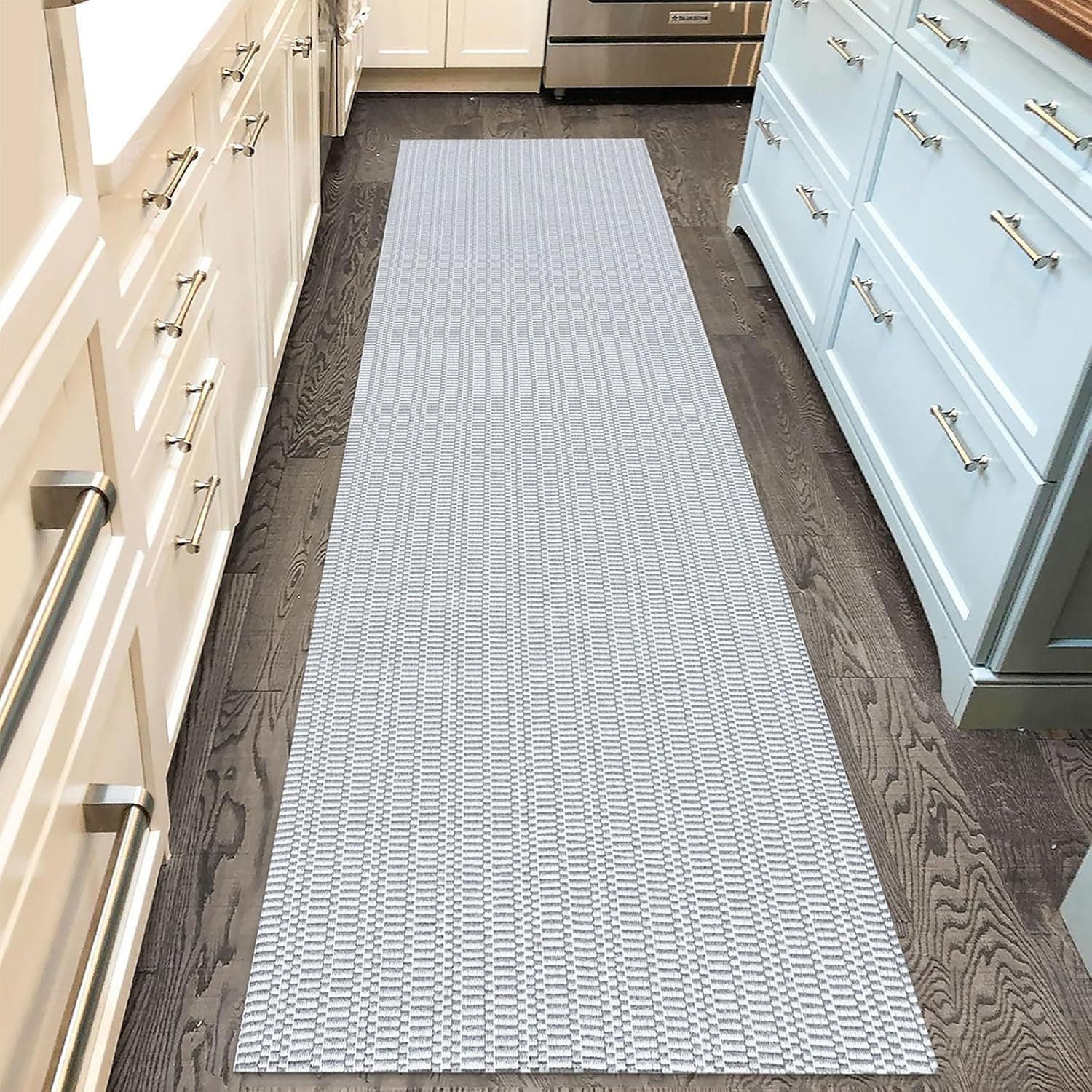 IOHOUZE Washable Runner Rug 2'x8' with Rubber Backing for Hallway, Light Gray/White