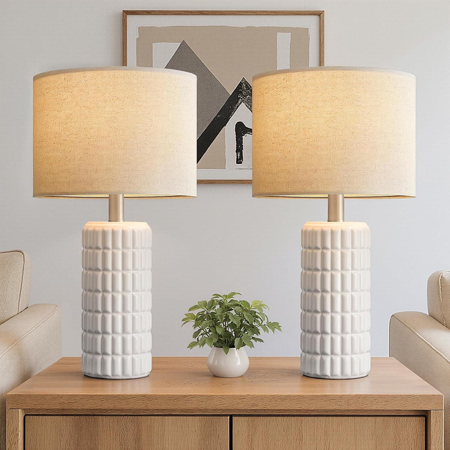 Seealle 23" Modern Ceramic Table Lamps Set of 2, Lamps for Bedroom, White, Lamps for Living Room, Bedside, Night Stands, End Table