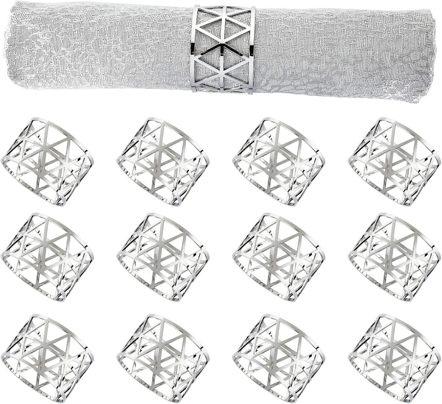 12 PCS Silver Napkin Rings Set Napkin Holders Metal Napkin Ring for Dining Table Decor Farmhouse Napkin Ring for Wedding Birthday Party Family Gathering Table Setting Decoration (Silver)