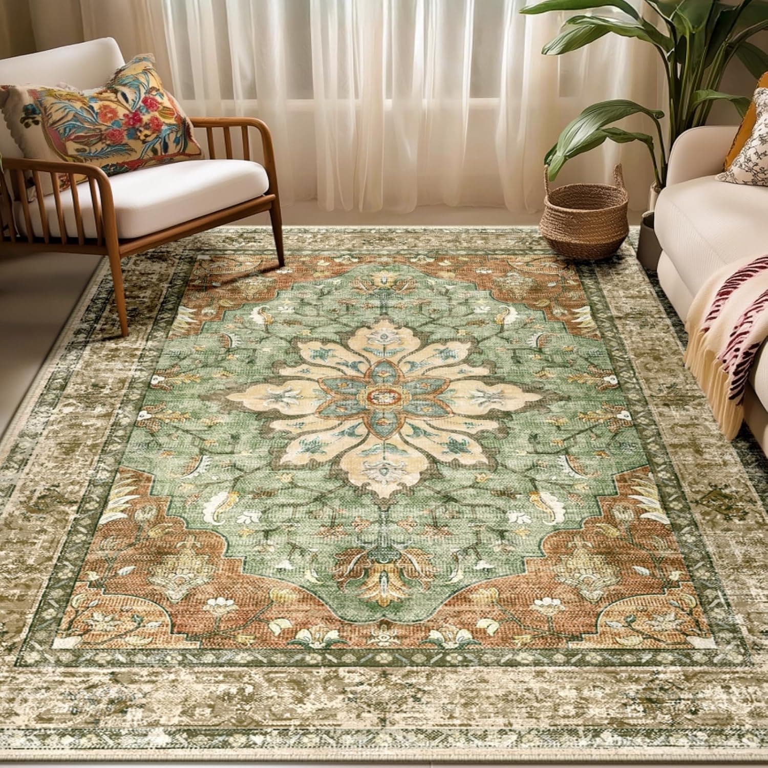 RELEANY Washable Area Rug, 5'x7', Brick/Brown/Green, Vintage Floral Boho Decor