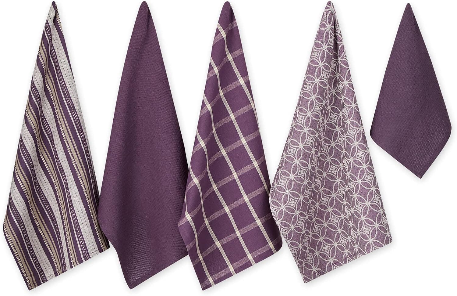 DII Assorted Woven Kitchen Set, Dishtowel, 18x28, Dishcloth, 13x13, Eggplant, 5 Piece