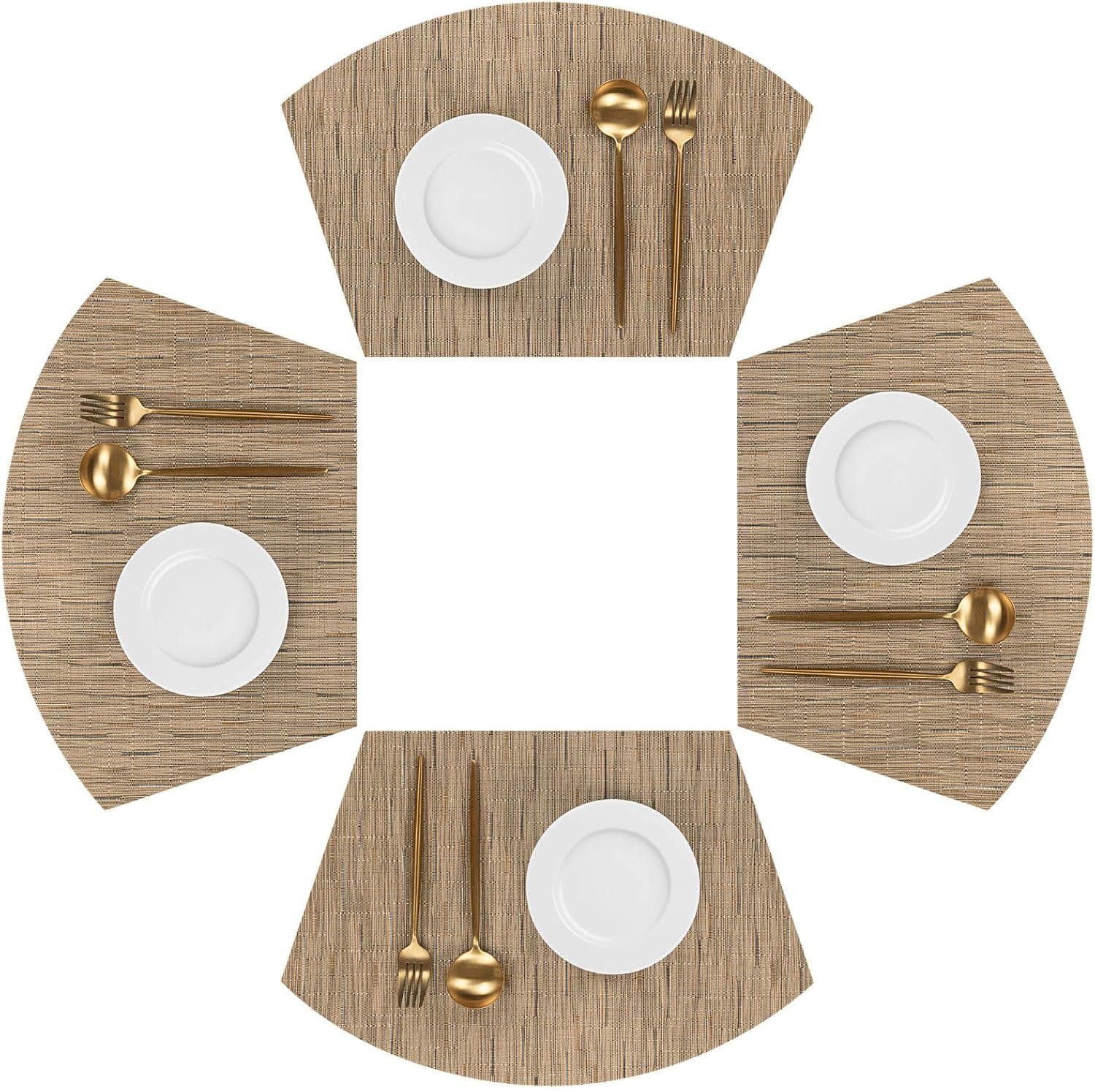 SHACOS Wedge Shape Placemats Set of 4 Woven Vinyl Placemat for Round Table Curved Place Mats Wipe Clean Kitchen Dining Table Mats, Tan