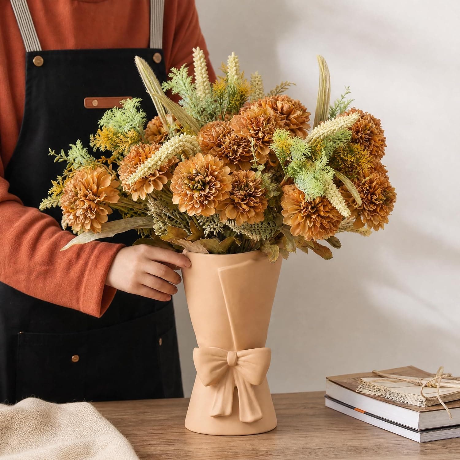 Relexome Beige Ceramic Bow Vase 9.64 in Unique Modern Decorative Bouquet Vase