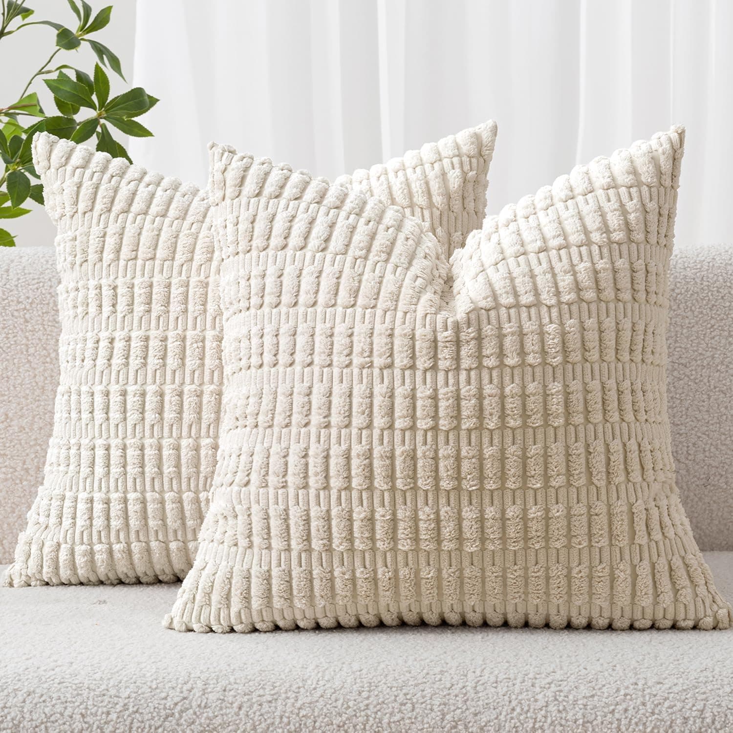 MIULEE Corduroy Decorative Throw Pillow Covers, Cream White, 18x18, Pack of 2