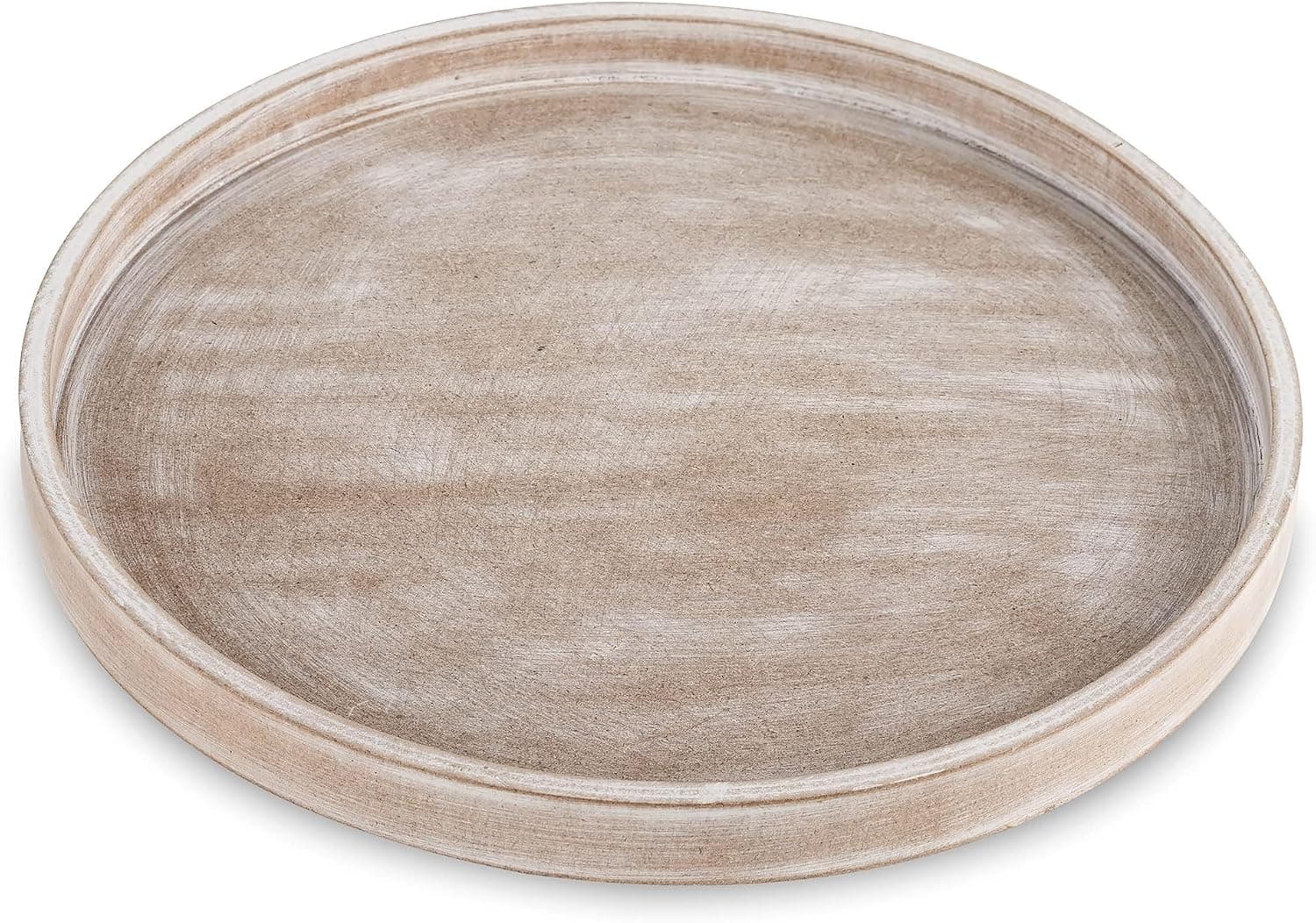 Hanobe Decorative Coffee Table Tray, White Washed Round Wood Tray 12 inch