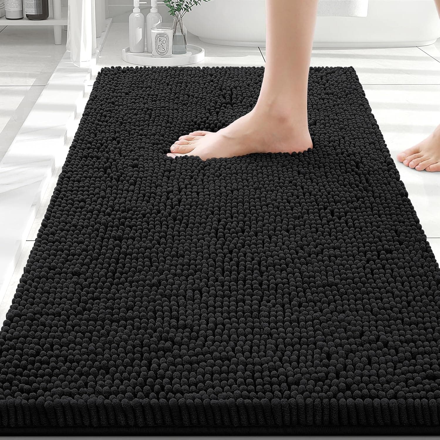 Smiry Luxury Chenille Bathroom Rugs 30x20, Extra Soft and Absorbent Shaggy Bath Mat, Non-Slip Plush Carpet, Black
