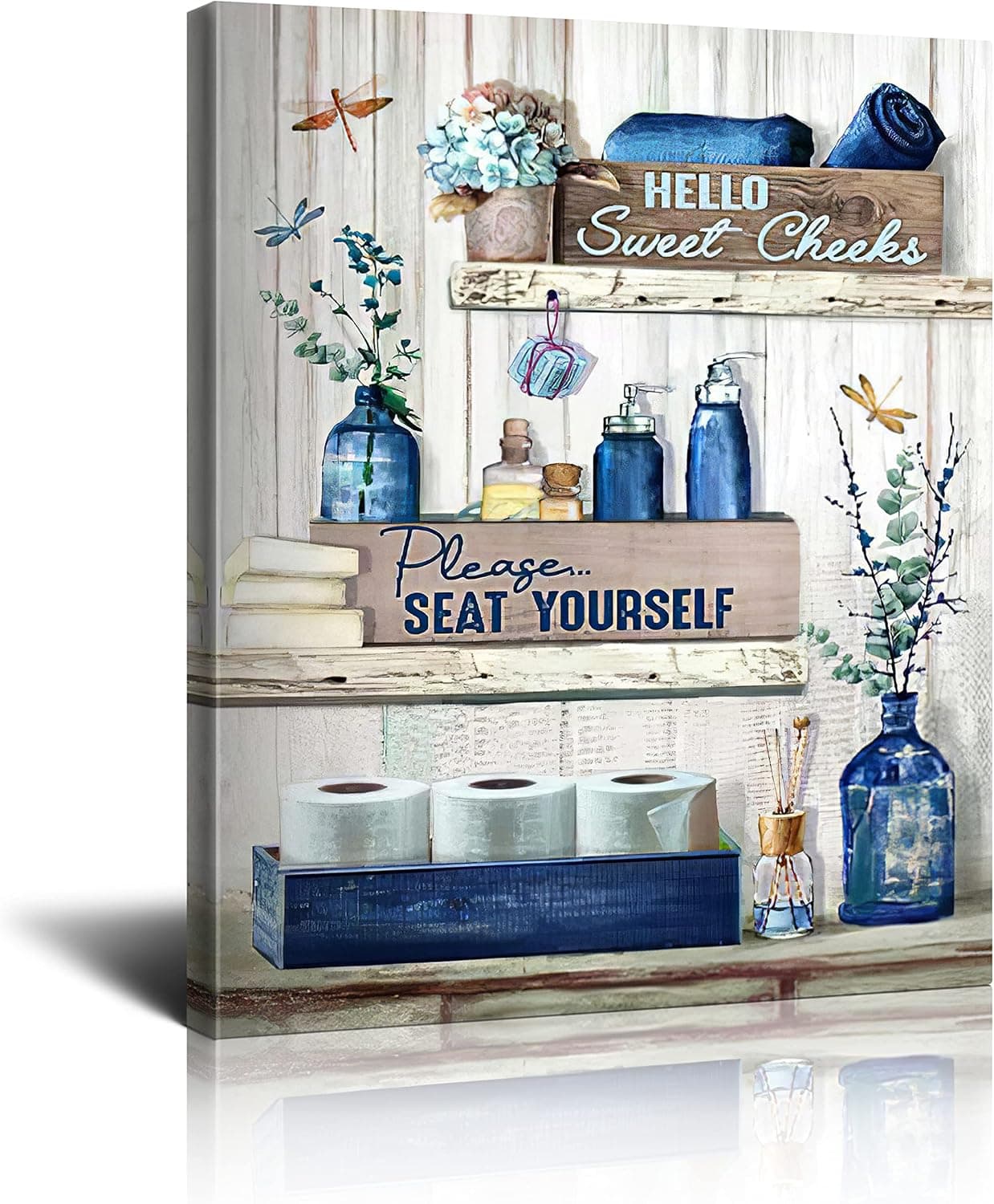 Bathroom Decor Canvas Wall Art, Rustic Please Seat Yourself Print, Navy Blue, Framed, 12x16 Inch