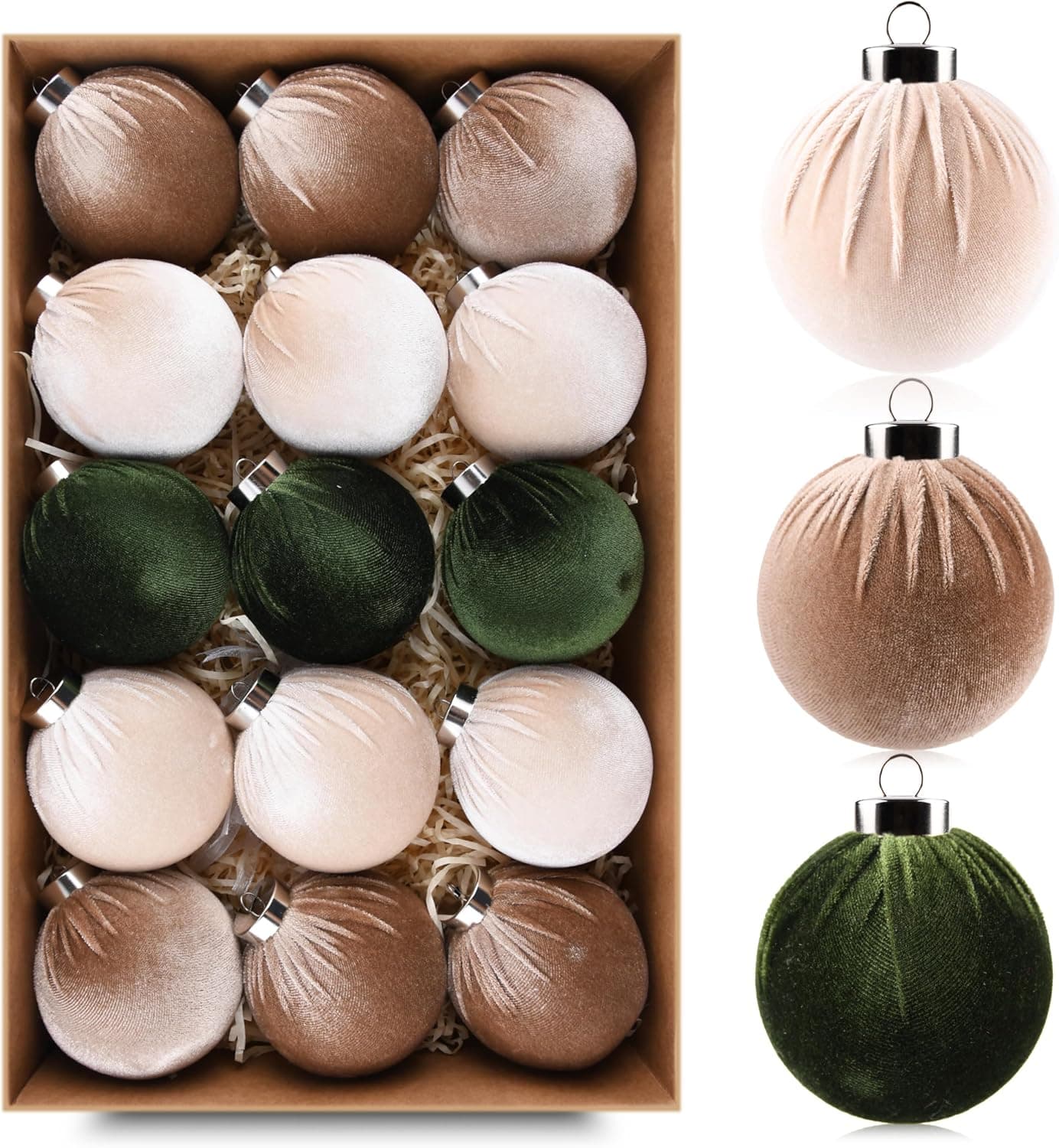 Christmas Tree Ornaments Velvet Balls - Pack of 15 Shatterproof Xmas Bulbs (Green Brown Neutral)