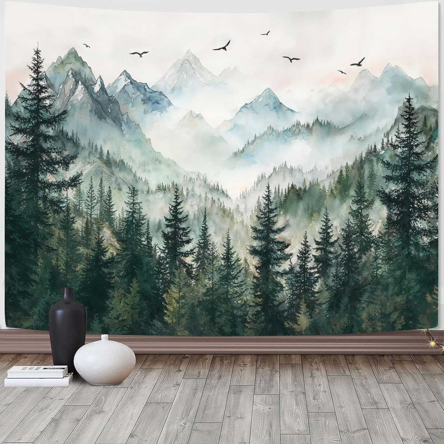 Zussun Misty Forest Mountain Tapestry, Sage Green Nature Pine Tree Tapestry for Bedroom Aesthetic, 48 x 36 Inch