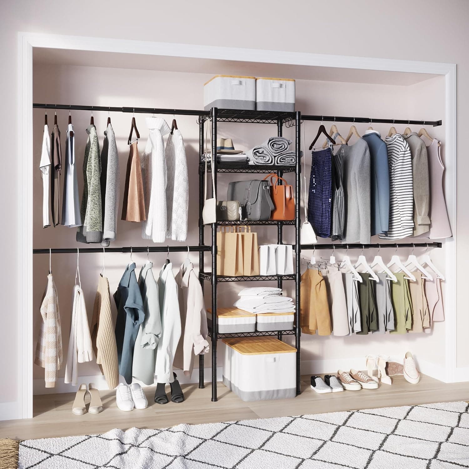 Modular Closet Organizer Kit, 4 Rods, 5 Shelves