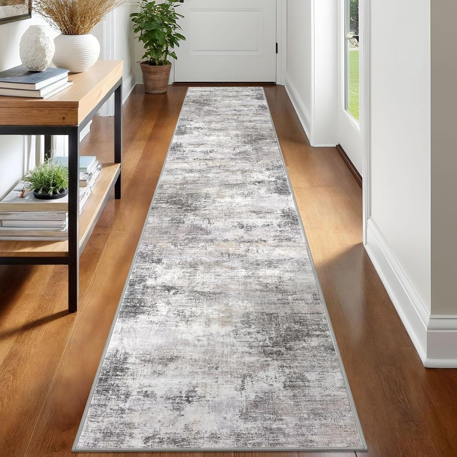 IOHOUZE Abstract Runner Rug 2x12 Ft, Washable for Hallways, Grey Beige