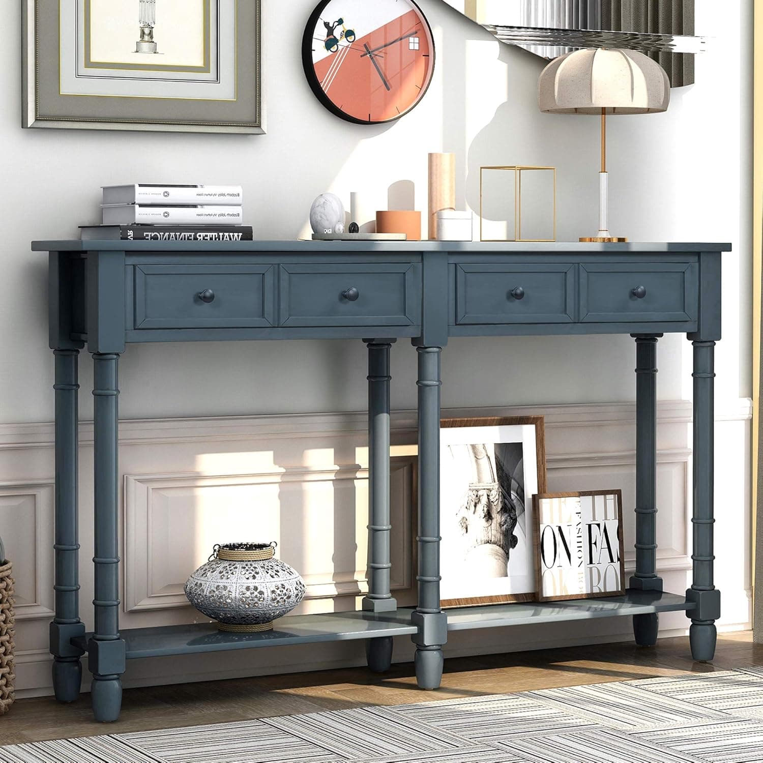 Retro Console Table with Drawers and Shelf
