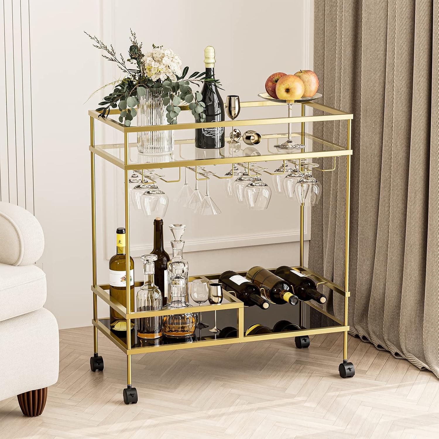2-Tier Glass Bar Cart with Wine Bottle Holders